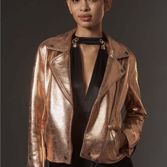 Anthropologie Jackets & Blazers - Anthropologie Gold Leather Jacket Asymmetrical Biker Style